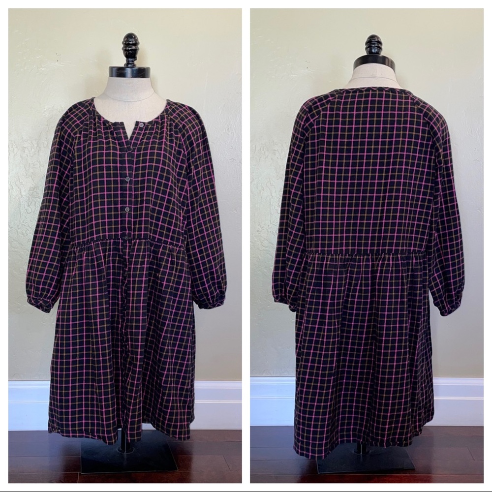 Madewell Plaid Flannel Raglan Button-Front Shirtdress Black Size 10